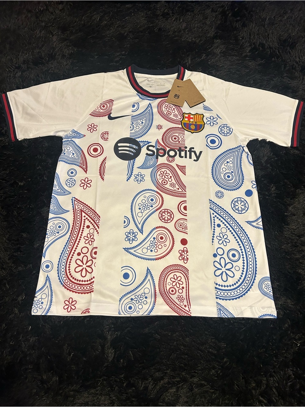Nike FC Barcelona White Jersey with Red & Blue Paisley Design
